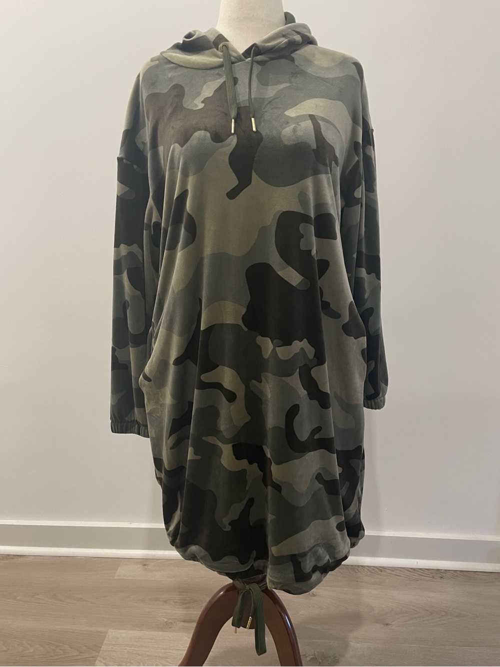 Ashley Stewart Olive Green Camo Hooded Long-Sleeve Dress